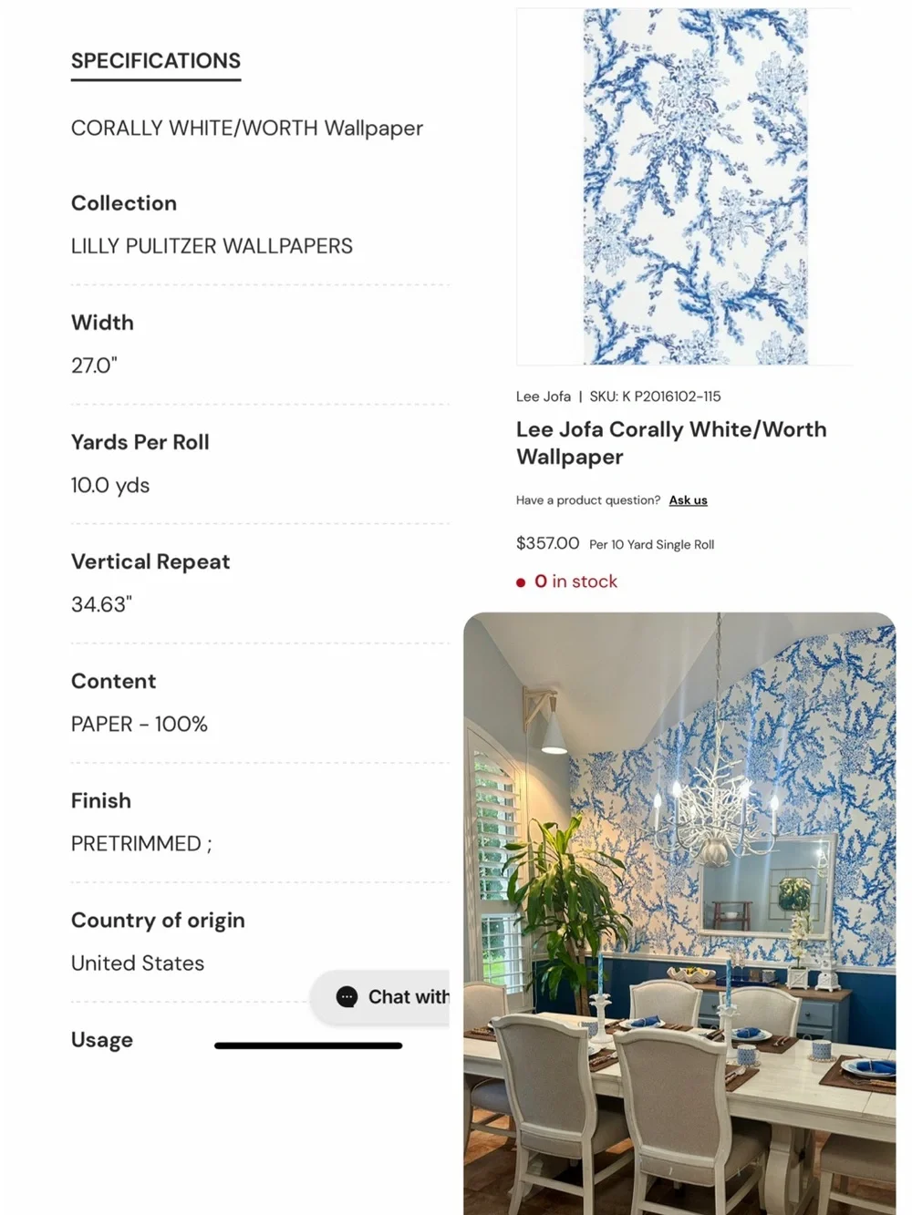 Lilly Pulitzer by Lee Jofa Blue and White Coral Print Wallpaper Panel